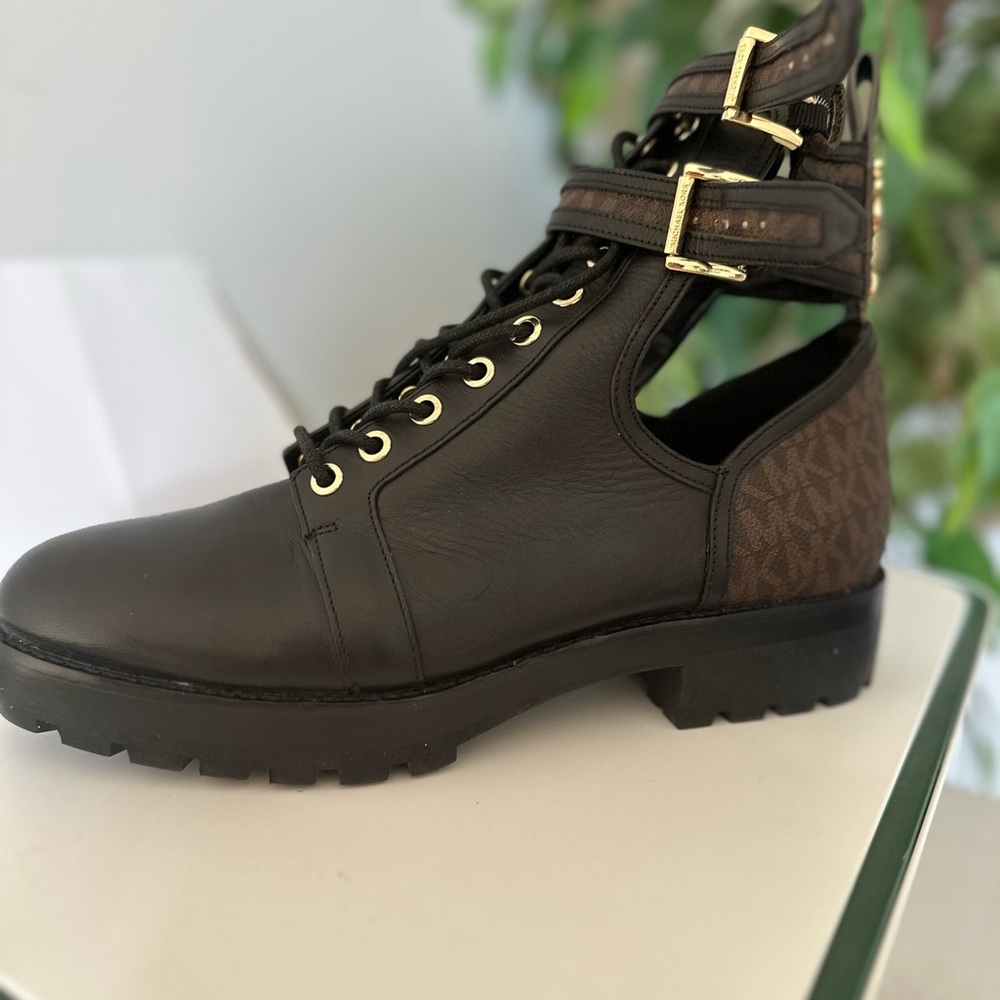 Michael Kors Black and Brown Combat Boots with Gold Hardware